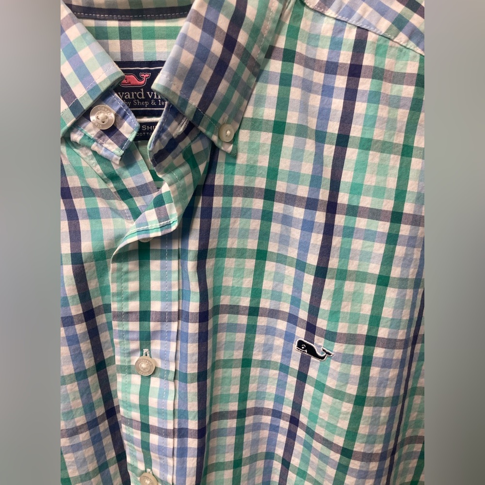 Vineyard Vines casual button down - blue/green/white plaid - large